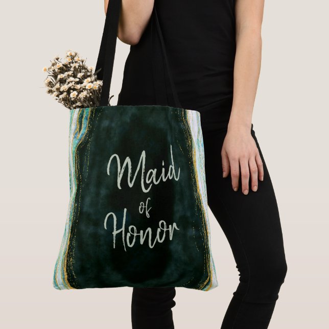 Teal Green & Gold Agate Marble Geode Maid of Honou Tote Bag (Close Up)