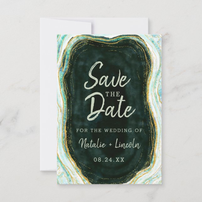 Teal Green & Gold Agate Marble Geode Modern Save The Date (Front)
