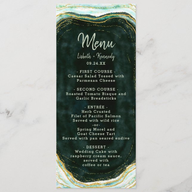 Teal Green & Gold Agate Marble Geode Rock Dinner Menu (Front)