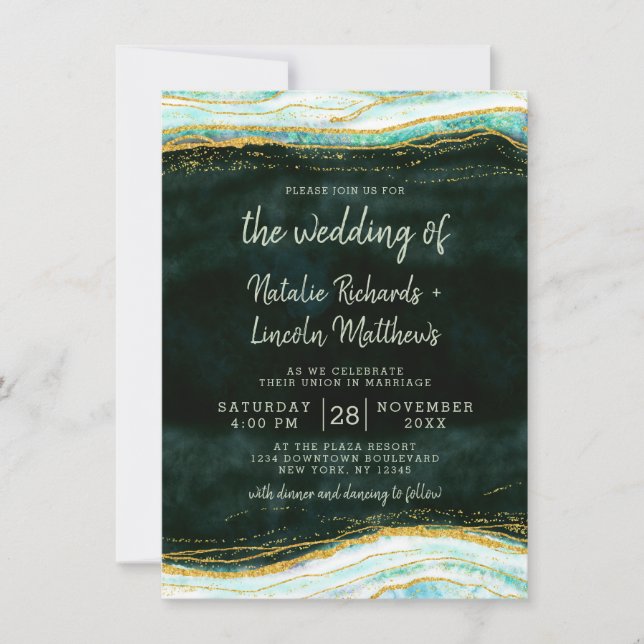 Teal Green & Gold Agate Marble Geode Rock Wedding Invitation (Front)
