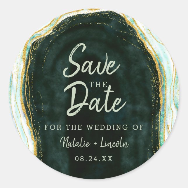 Teal Green & Gold Agate Marble Geode Save the Date Classic Round Sticker (Front)