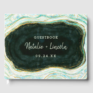 Teal Green & Gold Agate Marble Geode Wedding Guest Book