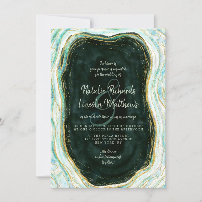 Teal Green & Gold Agate Marble Geode Wedding Invitation (Front)