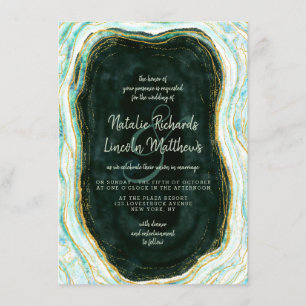 Teal Green & Gold Agate Marble Geode Wedding Invitation