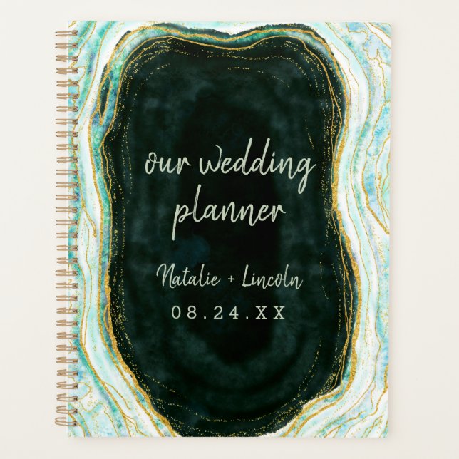 Teal Green & Gold Agate Marble Geode Wedding Plans Planner (Front)