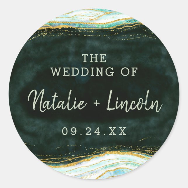 Teal Green & Gold Agate Marble Monogram Wedding Classic Round Sticker (Front)