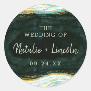 Teal Green & Gold Agate Marble Monogram Wedding Classic Round Sticker