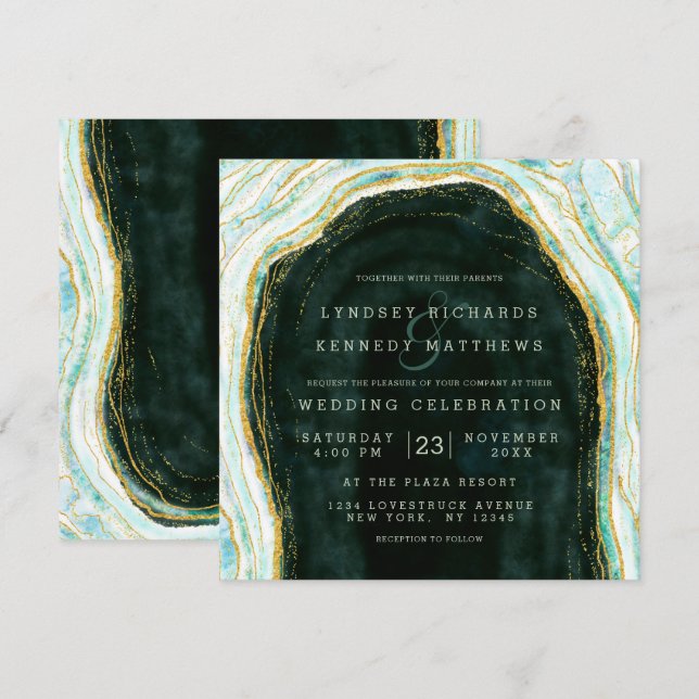Teal Green & Gold Agate Marble Rock Wedding Square Invitation (Front/Back)