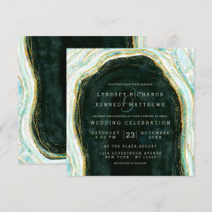 Teal Green & Gold Agate Marble Rock Wedding Square Invitation