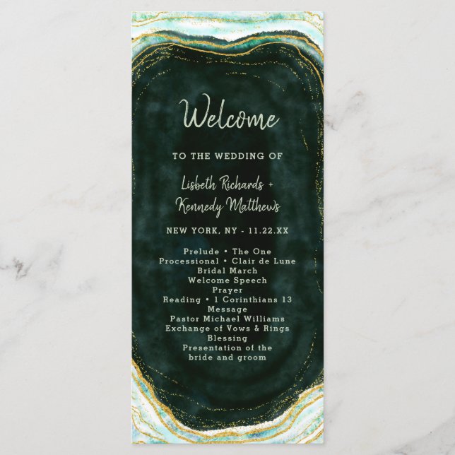 Teal Green & Gold Agate Marble Wedding Ceremony Programme (Front)
