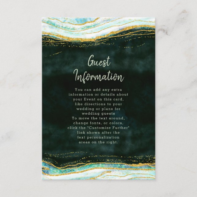Teal Green & Gold Agate Marble Wedding Information Enclosure Card (Front)