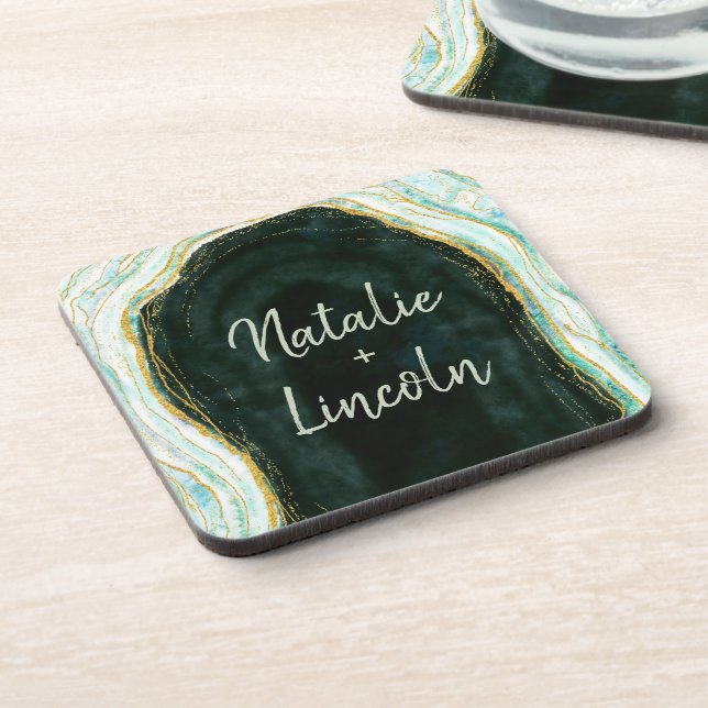 Teal Green & Gold Agate Marble Wedding Monogram Coaster (Left Side)
