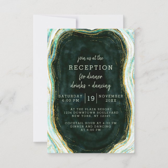 Teal Green & Gold Agate Marble Wedding Reception Invitation (Front)