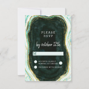 Teal Green & Gold Agate Marble Wedding RSVP Reply Card