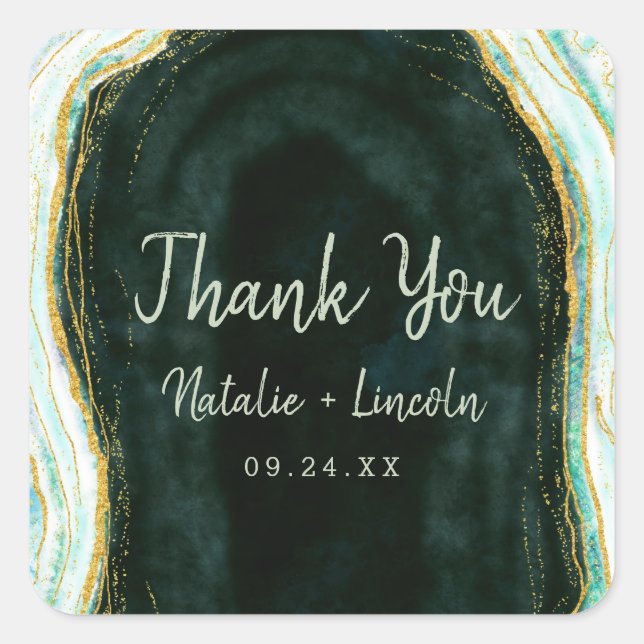 Teal Green & Gold Agate Marble Wedding Thank You Square Sticker (Front)