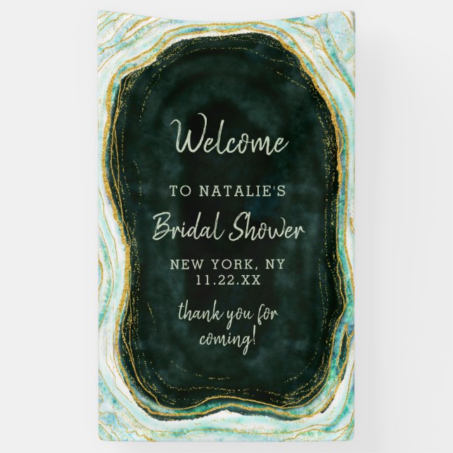 Teal Green & Gold Agate Rock Bridal Shower Welcome Banner (Vertical)