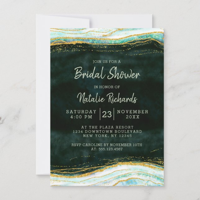 Teal Green & Gold Agate Rock Wedding Bridal Shower Invitation (Front)