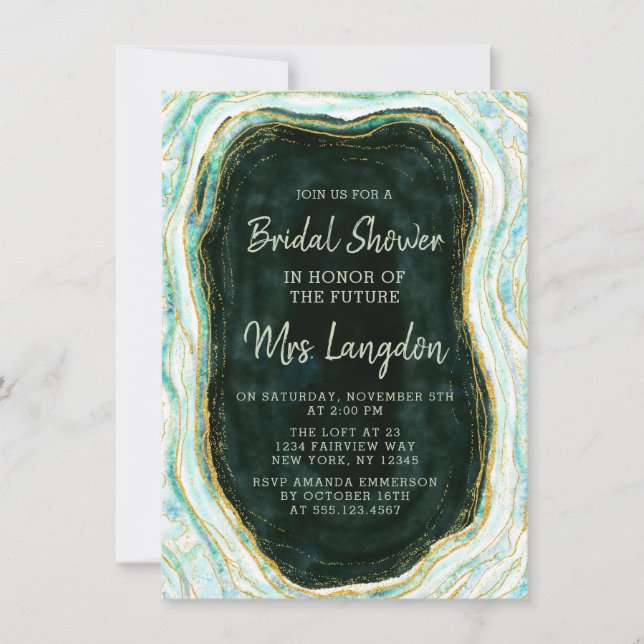 Teal Green & Gold Agate Rock Wedding Bridal Shower Invitation (Front)