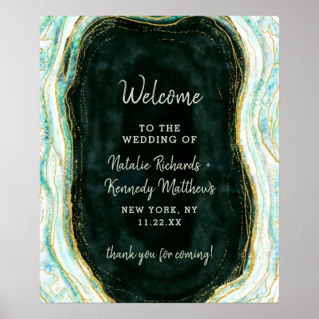 Teal Green & Gold Agate Rock Wedding Welcome Sign (Front)