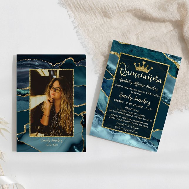 Teal Green Gold Agate Spanish Quinceañera Photo Invitation (Creator Uploaded)