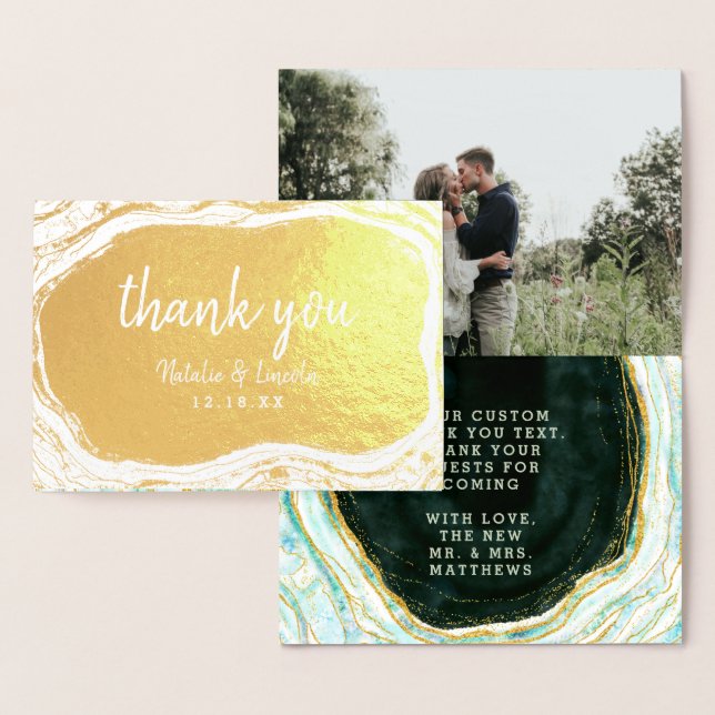 Teal Green & Gold Agate Thank You Wedding Photo Foil Card (Display)