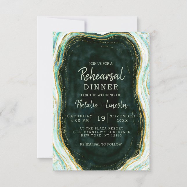 Teal Green & Gold Agate Wedding Rehearsal Dinner Invitation (Front)