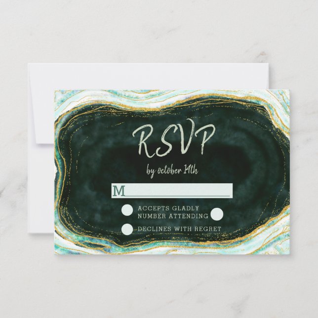 Teal Green & Gold Agate Wedding RSVP Response (Front)