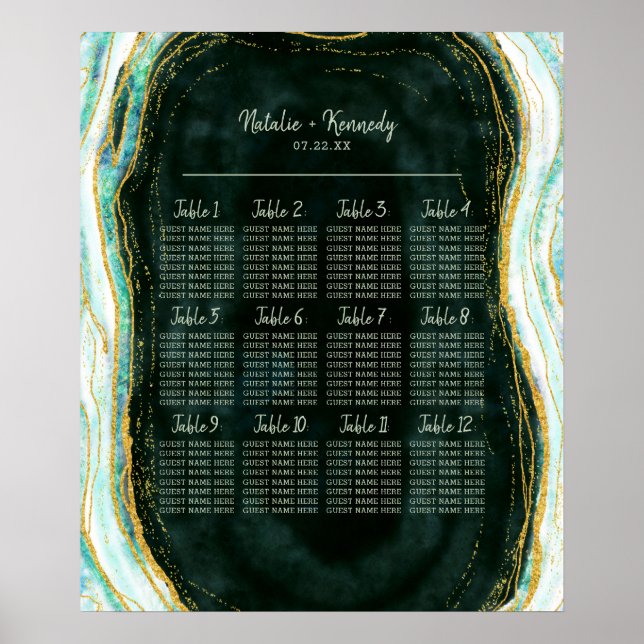 Teal Green Gold Agate Wedding Table Seating Chart (Front)