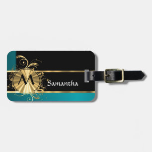 Teal green gold and black monogram luggage tag
