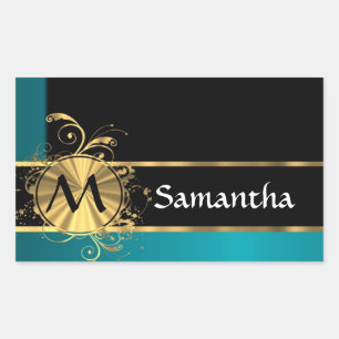 Teal green gold and black monogram rectangular sticker