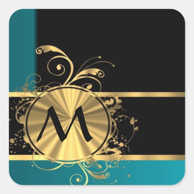 Teal green gold and black monogram square sticker (Front)