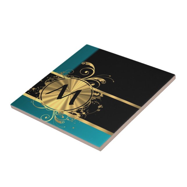 Teal green gold and black monogram tile (Side)