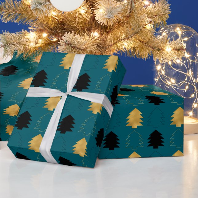 Teal Green Gold Black Christmas Trees Wrapping Paper (Holidays)