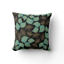 Teal green gold broad leaves pattern on black