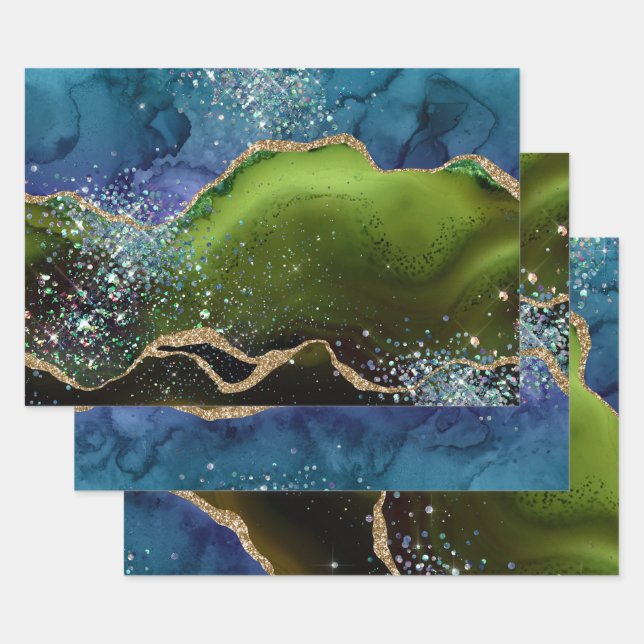 Teal & Green & Gold Glitter Peacock Agate Wrapping Paper Sheet (Set)