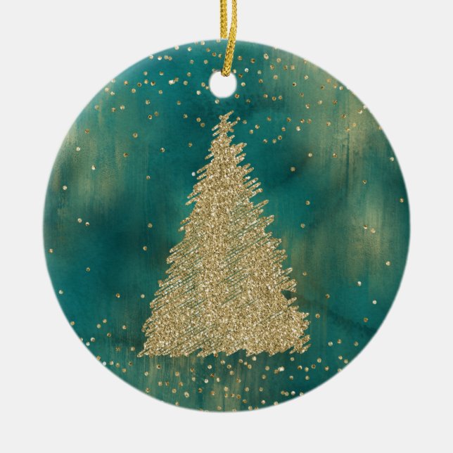 Teal Green Gold Glitter Shine Christmas Tree   Ceramic Tree Decoration (Front)