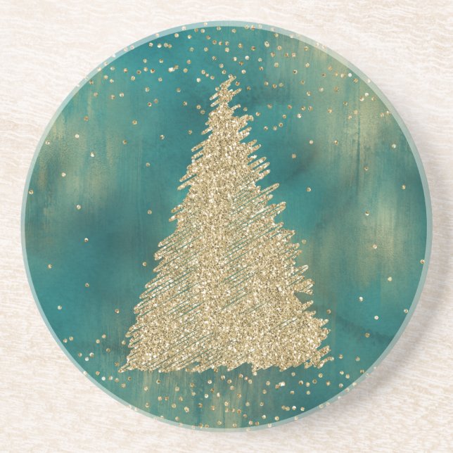 Teal Green Gold Glitter Sparkle Christmas Tree    Coaster (Front)