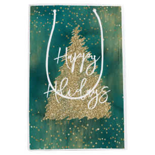 Teal Green Gold Glitter Sparkle Christmas Tree    Medium Gift Bag