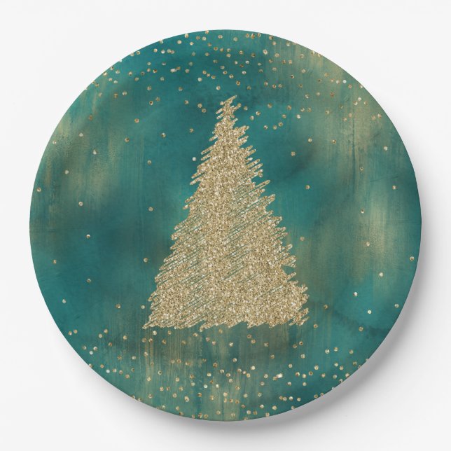 Teal Green Gold Glitter Sparkle Christmas Tree   Paper Plate (Front)