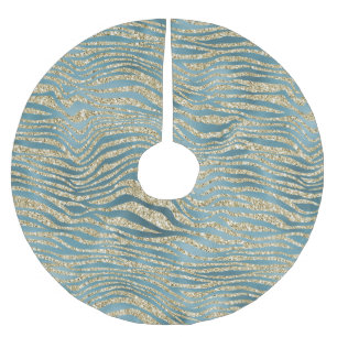 Teal Green Gold Glitter Zebra Print     Brushed Polyester Tree Skirt