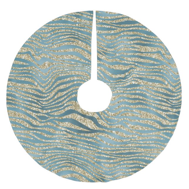 Teal Green Gold Glitter Zebra Print     Brushed Polyester Tree Skirt (Front)