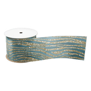 Teal Green Gold Glitter Zebra Print  Satin Ribbon