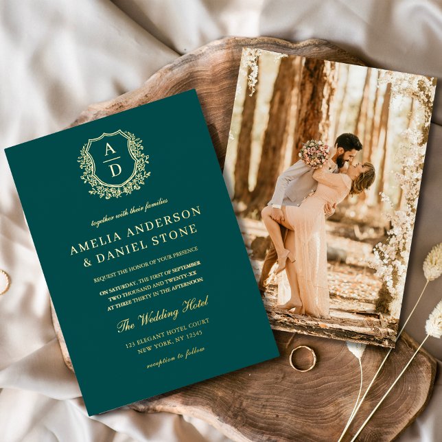 Teal Green Gold Leafy Crest Photo Wedding  (Creator Uploaded)