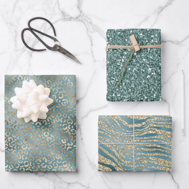 Teal Green Gold Leopard Print   Wrapping Paper Sheet (Front)