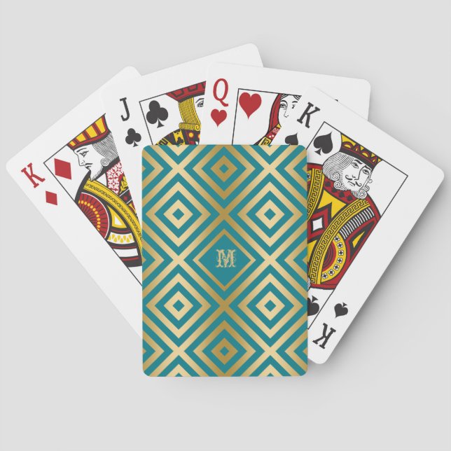 Teal-Green & Gold Modern Geometric Pattern Playing Cards (Back)