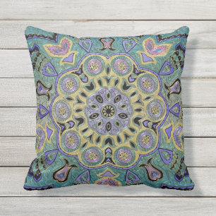 Teal Green Gold Purple Pentagram Mandala Cushion