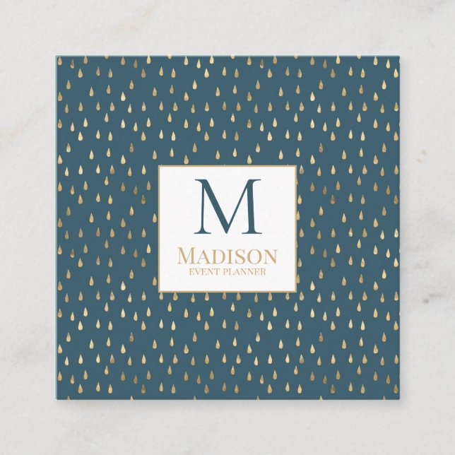 Teal Green Gold Raindrop Modern Trendy Monogram Square Business Card (Front)
