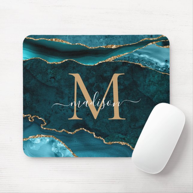 Teal Green Gold Sparkle Agate Geode Monogram Mouse Mat (With Mouse)