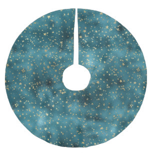 Teal Green Gold Stars Brushed Polyester Tree Skirt