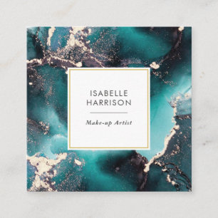 Teal green gold watercolor ink business card